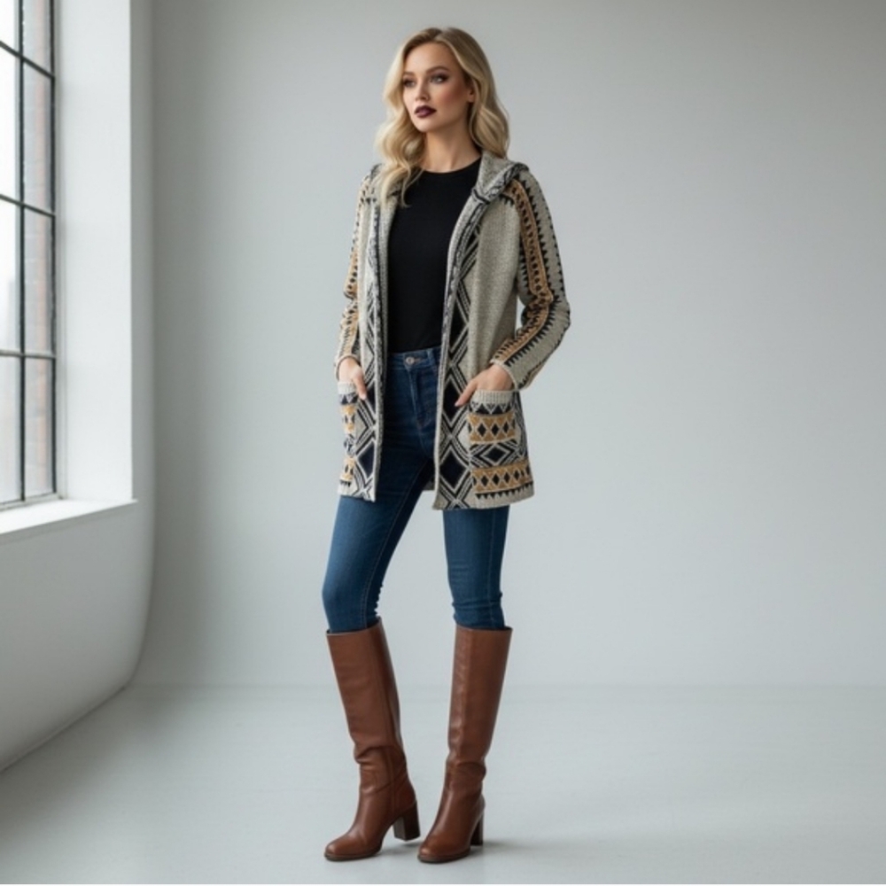 LUCKY BRAND Longline Cardigan Hoodie Open Front Aztec Southwestern Chunky Sz 3X - Picture 14 of 14